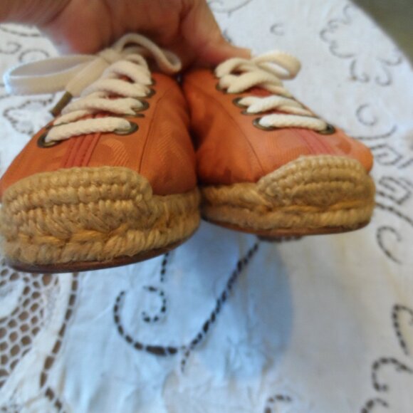 New Chanel Orange Signature Logo Canvas Lace Up Espadrilles Size 37B - Picture 10 of 16